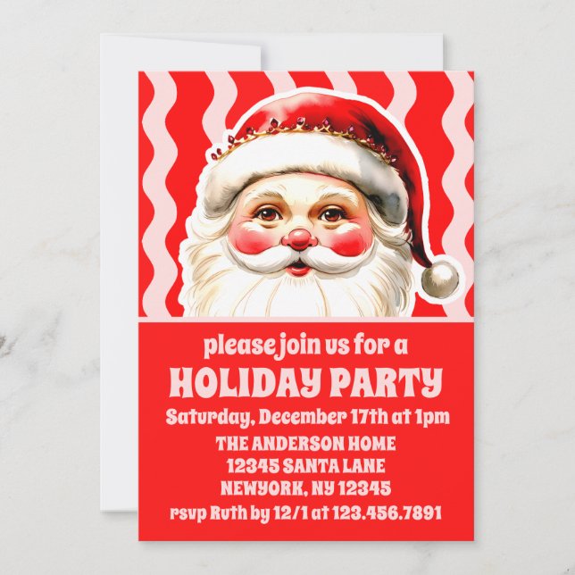 Red Retro Santa Claus Red Ric Rac Weihnachts-Party Einladung (Vorderseite)