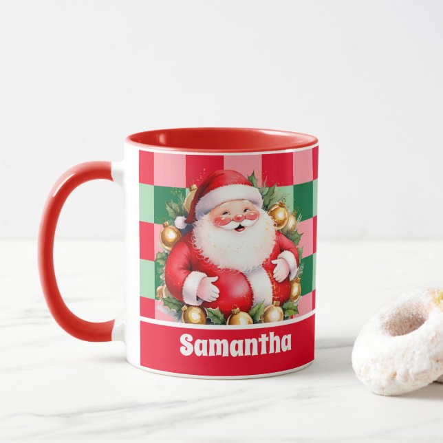 Red Retro Santa Claus Tartan Karierte Weihnachten Tasse (Mit Donut)