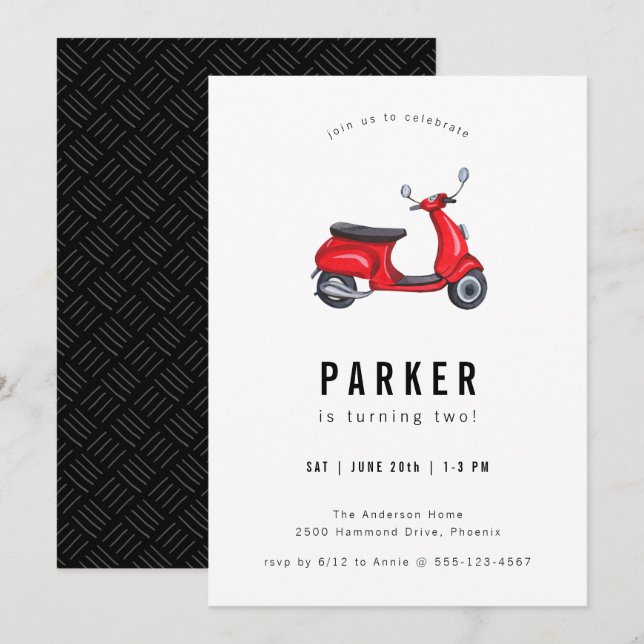 Red Retro Scooter Thema Geburtstag Einladung (Vorne/Hinten)