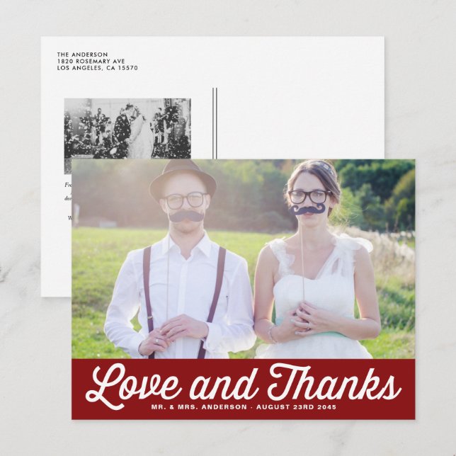 Red Retro Script Foto Hochzeit Vielen Dank Postkarte (Vorne/Hinten)