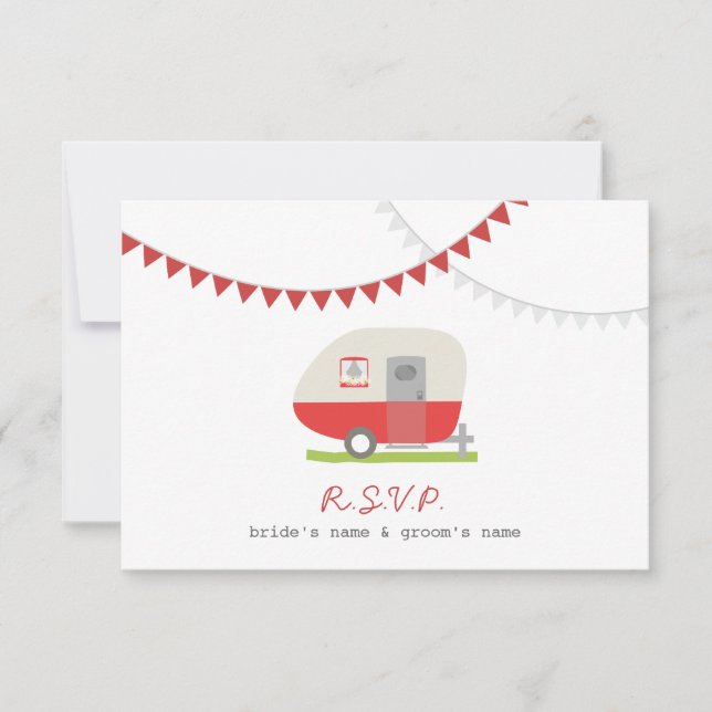 Red Retro Trailer & Bunting RSVP Karte (Vorderseite)