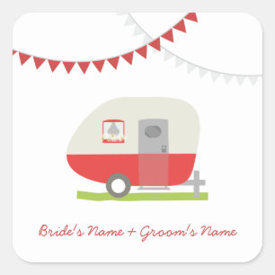Red Retro Trailer Hochzeitsticker Quadratischer Aufkleber
