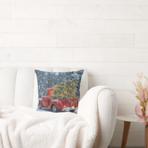 Red Retro Truck mit Weihnachtsbaum in Schneeflocke Kissen