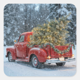 Red Retro Truck mit Weihnachtsbaum in Schneeflocke Quadratischer Aufkleber