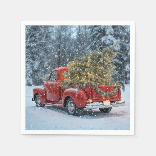 Red Retro Truck mit Weihnachtsbaum in Schneeflocke Serviette (Vorderseite)