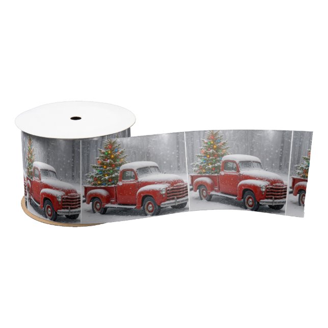 Red Retro Truck With Christmas Tree Satinband (Spule)