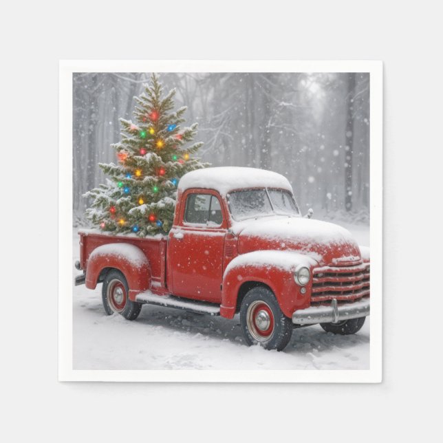 Red Retro Truck With Christmas Tree Serviette (Vorderseite)