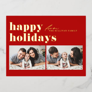 Red Retro Typografie Happy Holidays Zwei Fotos Folien Feiertagspostkarte