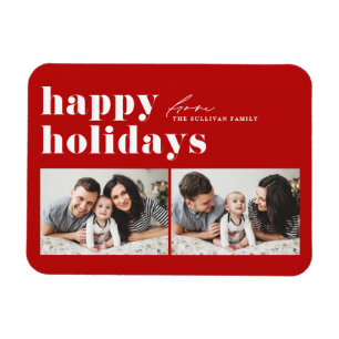 Red Retro Typografie Happy Holidays Zwei Fotos Magnet