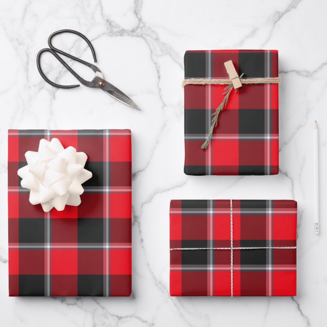 Red Ribbon and Heavy Metal Plaid Geschenkpapier Set (Vorderseite)