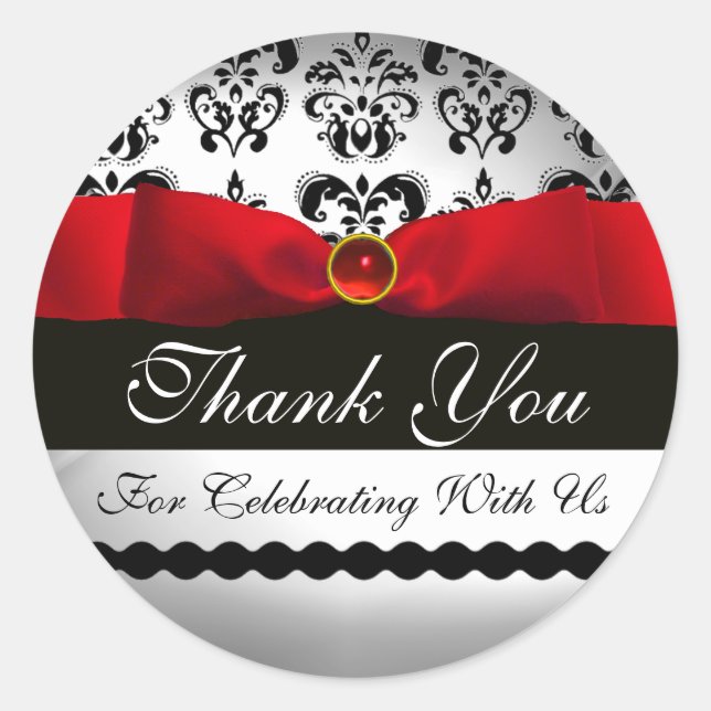 RED RIBBON BLACK & WHITE DAMASK RUNDER AUFKLEBER (Vorderseite)
