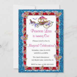 Red Ribbon Blue Glitzer Royal Princess Birthday Einladung