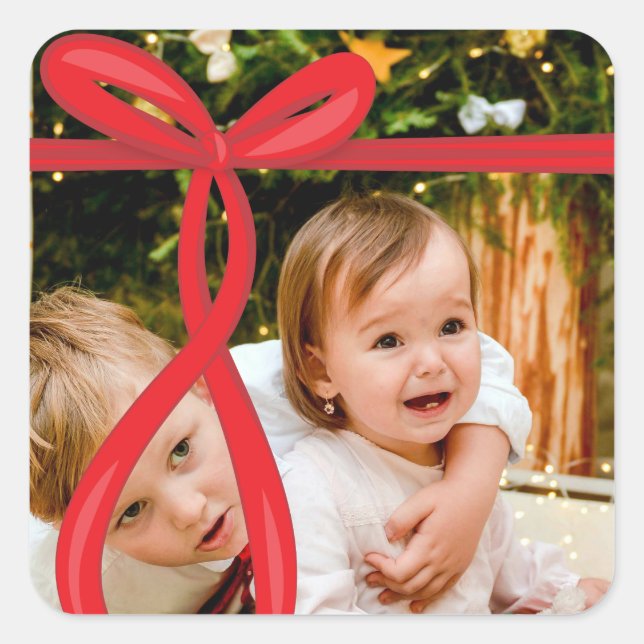 RED RIBBON BOW FOTO QUADRATISCHER AUFKLEBER (Vorderseite)