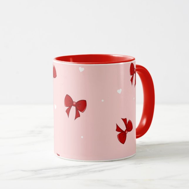 Red Ribbon Bow Pattern | Sweet Pastel Pink Cute Tasse (VorderseiteRechts)