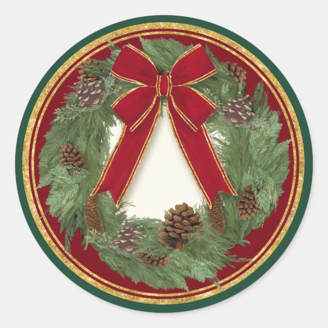 Red Ribbon Bow Weihnachtskranz Kiefernkiefer Siege Runder Aufkleber (Vorderseite)