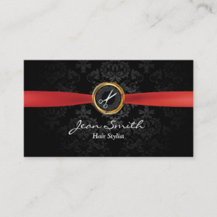 Red Ribbon Dark Damask Hair Stylist Business Card Visitenkarte