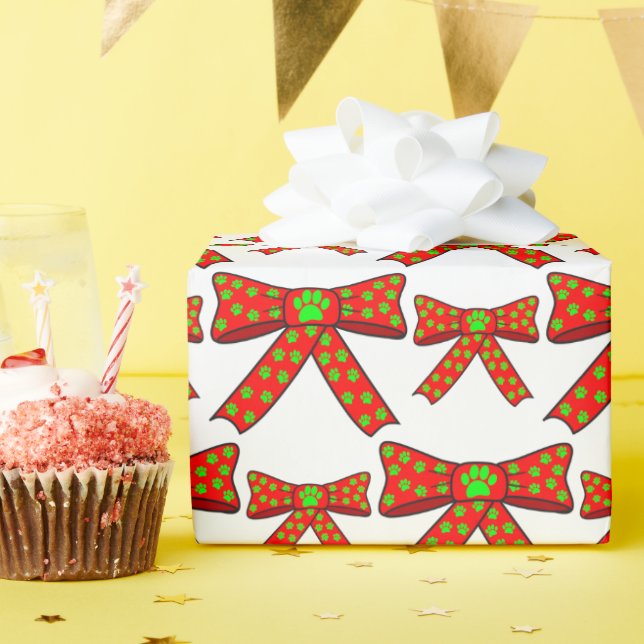 Red Ribbon Dog Paw Prints In Green Christmas Geschenkpapier (Geburtstagsparty)