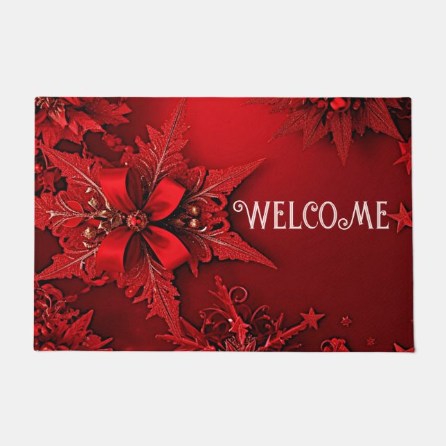 Red Ribbon Floral Holiday Weihnachten Doormat Fußmatte (Vorderseite)