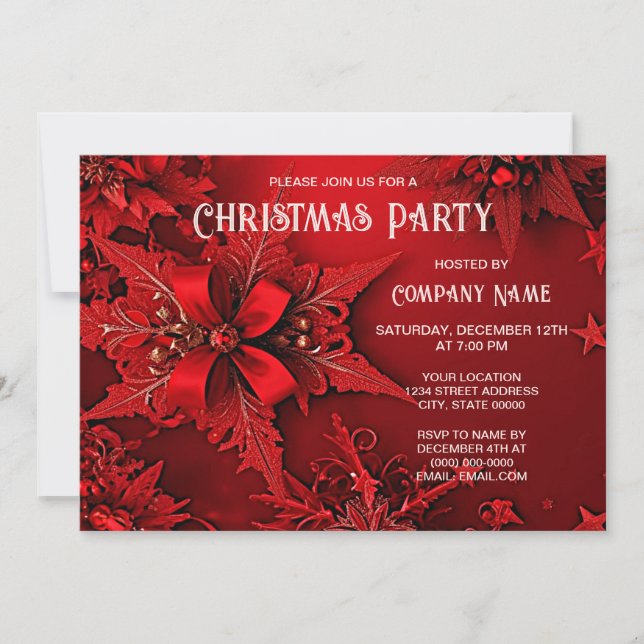 Red Ribbon Floral Holiday Weihnachten Party Invita Einladung (Vorderseite)