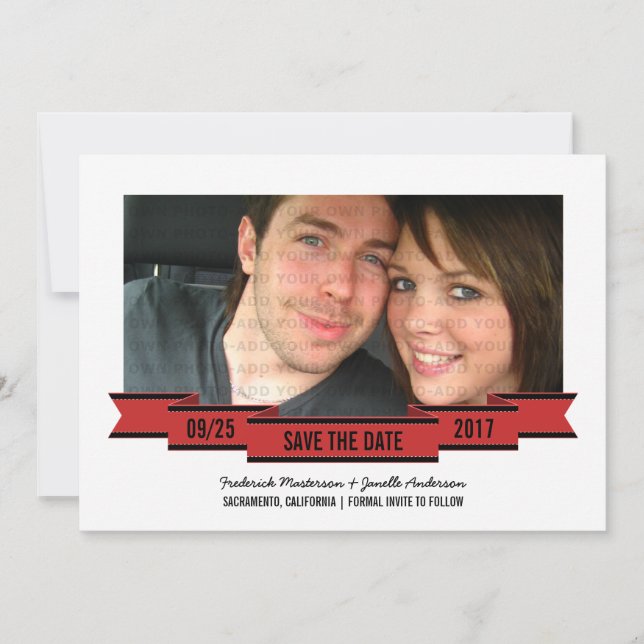 Red Ribbon Foto Save the Date einladen (Vorderseite)