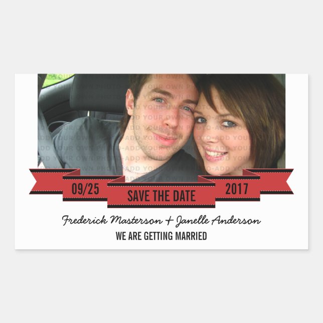 Red Ribbon Foto Save the Date Stickers (Vorderseite)