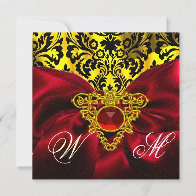 RED RIBBON GOLD CELTIC HERZ DAMASK MONOGRAMM EINLADUNG (Vorderseite)