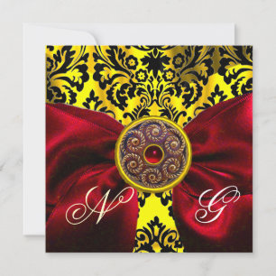 RED RIBBON GOLD YELLOW BLACK DAMASK MONOGRAMM EINLADUNG