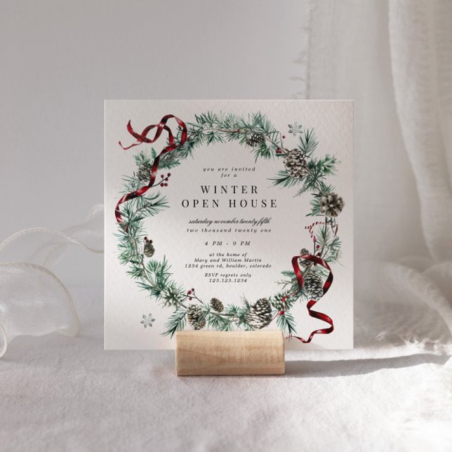 Red Ribbon Greenerity Wreath Square Open House Einladung (Von Creator hochgeladen)