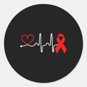 Red Ribbon Heartbeat Design for Heart Disease Awar Runder Aufkleber