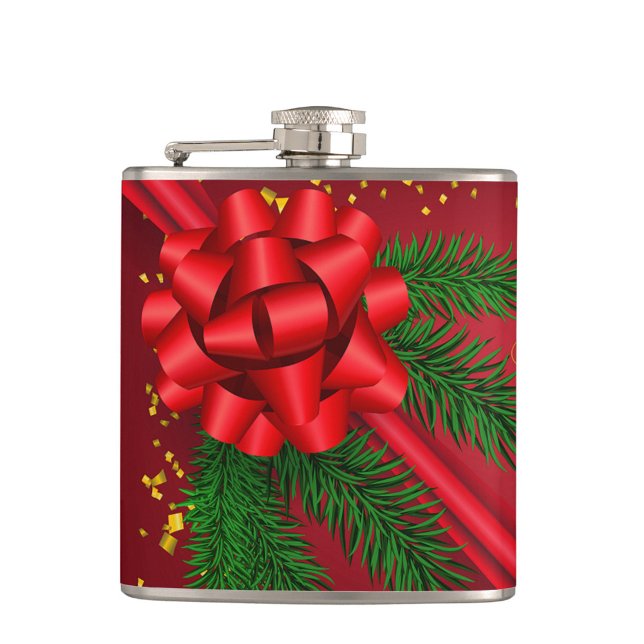 Red Ribbon Mural Flask Flachmann (A large glossy red bow at its center surrounding the bow are lush green pine branches!)