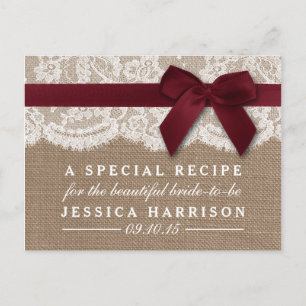 Red Ribbon on Burlap & Lace Brautparty Rezept Einladungspostkarte