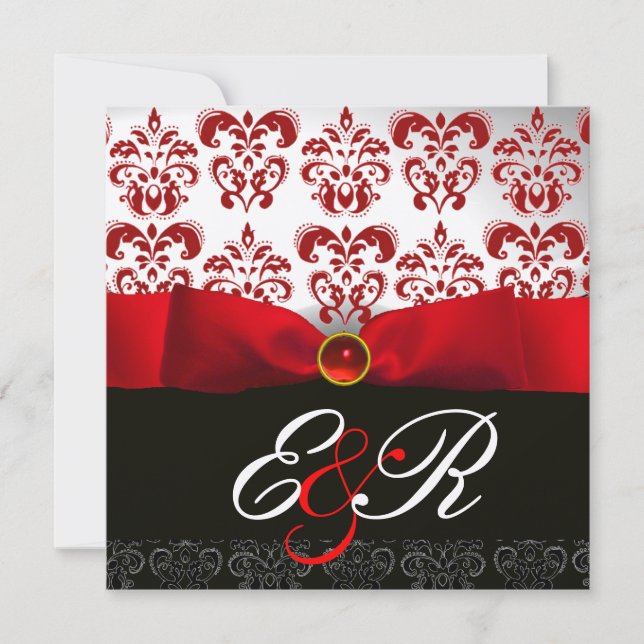RED RIBBON RUBY WHACK BLACK DAMASK MONOGRAM EINLADUNG (Vorderseite)