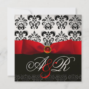 RED RIBBON RUBY WHACK BLACK DAMASK MONOGRAM EINLADUNG