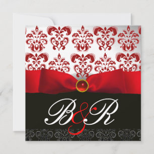 RED RIBBON RUBY WHACK BLACK DAMASK MONOGRAM EINLADUNG