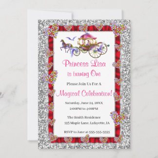 Red Ribbon Silver Glitzer Royal Princess Birthday Einladung