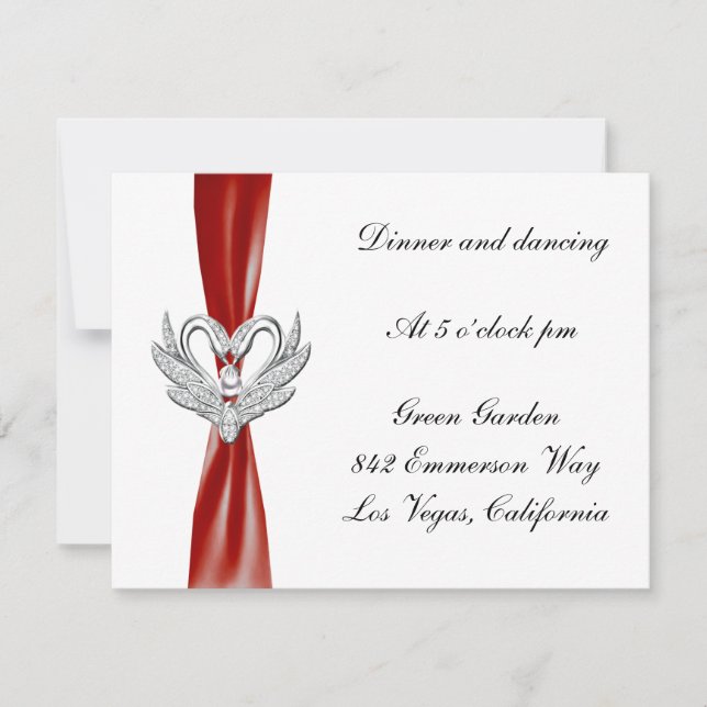 Red Ribbon Silver Swans Empfang Card Einladung (Vorderseite)