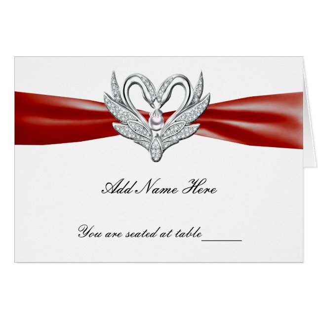 Red Ribbon Silver Swans Falttable Platzkarte (Vorderseite (Horizontal))