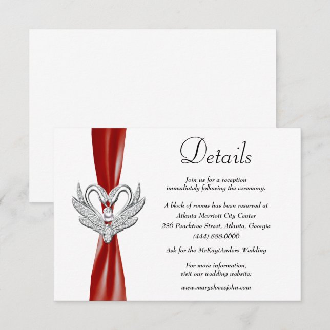 Red Ribbon Silver Swans Hochzeitdetails Begleitkarte (Vorne/Hinten)