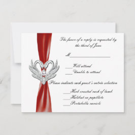 Red Ribbon Silver Swans Response Card RSVP Karte