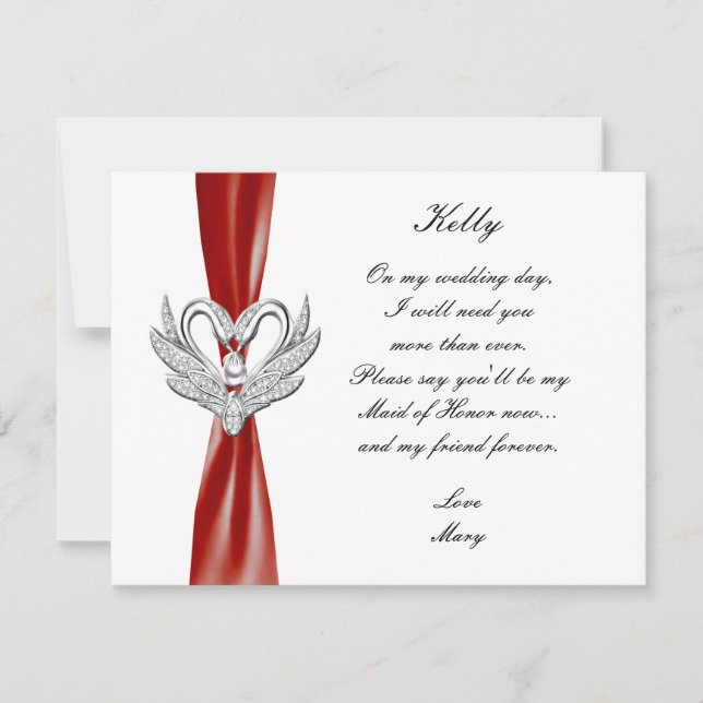Red Ribbon Silver Swans Trauzeugin Card Einladung (Vorderseite)