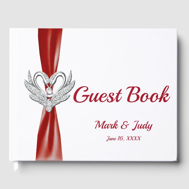 Red Ribbon Silver Swans Wedding Gästebuch (Vorderseite)