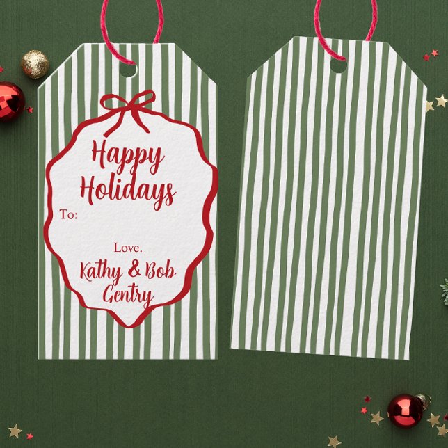 Red Ribbon Striped Custom Holiday Gift Tag Geschenkanhänger (Von Creator hochgeladen)