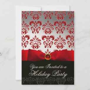 RED RIBBON WHITE BLACK DAMASK HOLIDAY PARTY Ruby Einladung