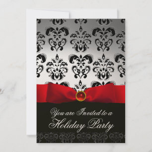 RED RIBBON WHITE BLACK DAMASK HOLIDAY PARTY Ruby Einladung