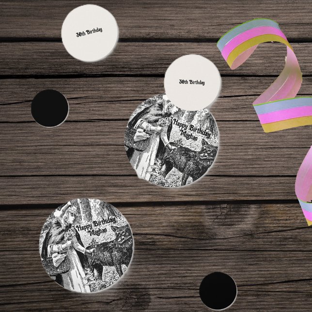 Red Riding Hood Schwarz-weiß Fairy Märchen Geburts Konfetti (Black white Birthday table confetti with Red Riding hood and wolf fairy tale theme.)