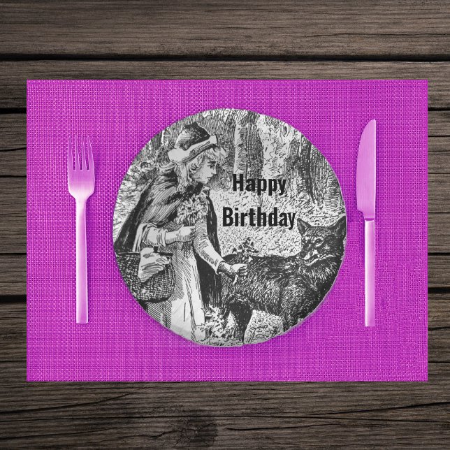 Red Riding Hood Wolf Forest Fairy Tale Birthday Pappteller (Red riding hood with wolf on Birthday black and white paper party bowls.)