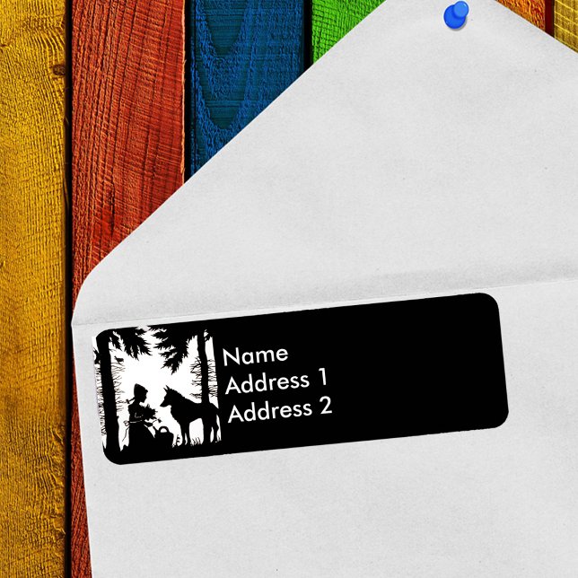 Red Riding Hood Wolf Woods (Little Red Riding Hood under trees woods black and white return address labels.)