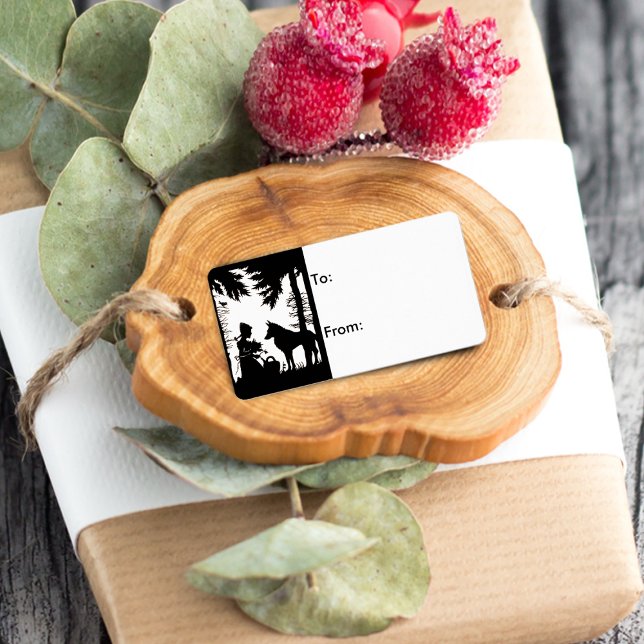 Red Riding Hood Wolf Woods Adressaufkleber (Little Red Riding Hood with woof in the forest on silhouette black and white gift tag label.)