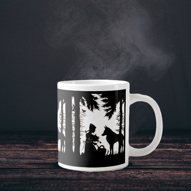 Red Riding Hood Wolf Woods Jumbo-Tasse (Red riding hood with flowers under trees with wolf on black and white coffee or tea mug.)