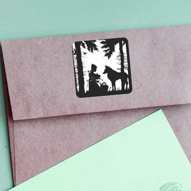 Red Riding Hood Wolf Woods Quadratischer Aufkleber (Little Red Riding Hood black silhouette on white with wolf in forest on stickers.)